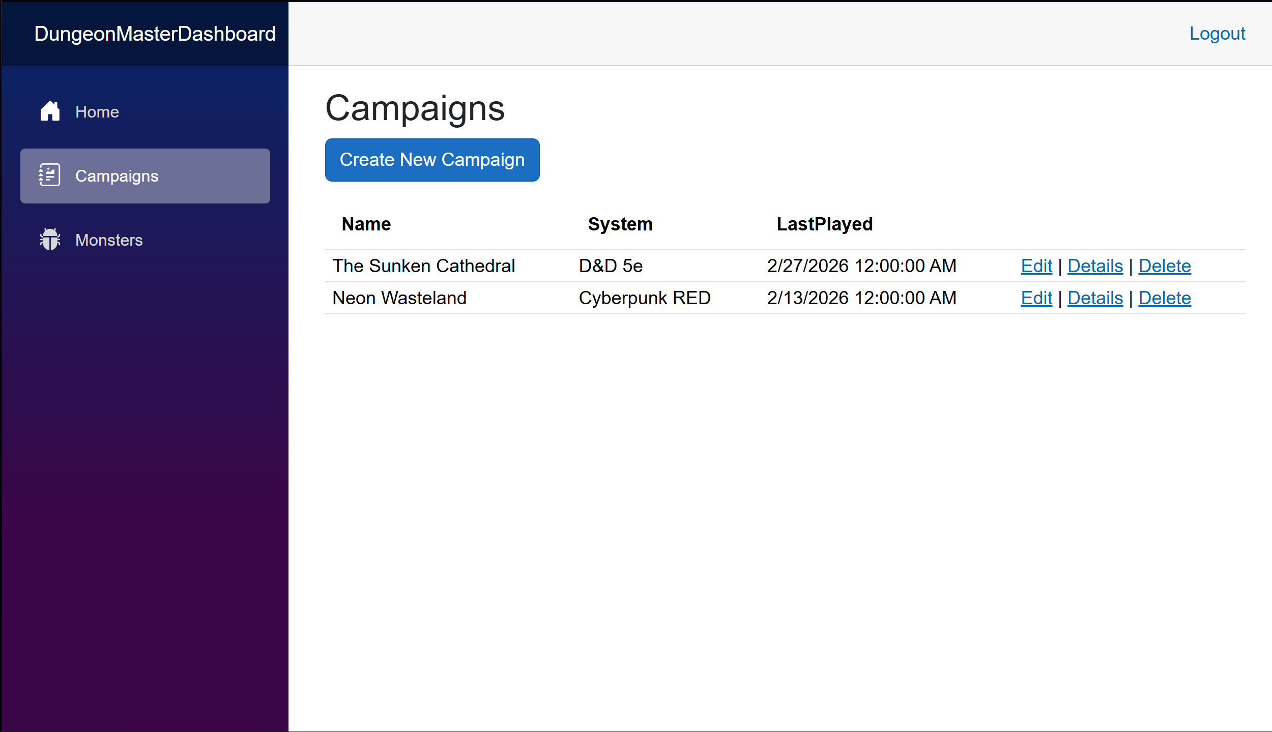 DungeonMasterDashboard Screenshot