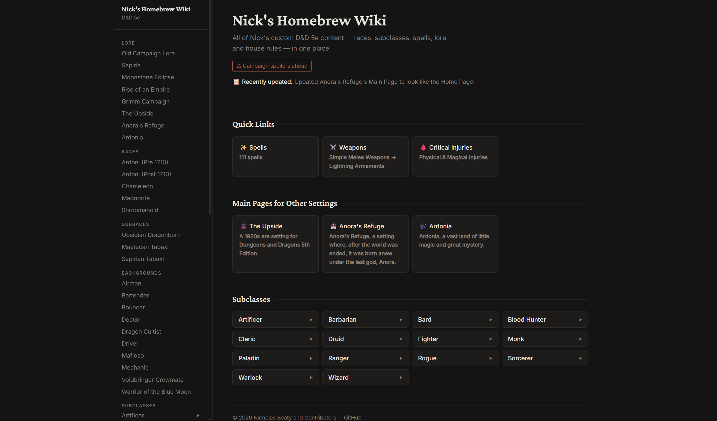 Homebrew D&D Site Screenshot